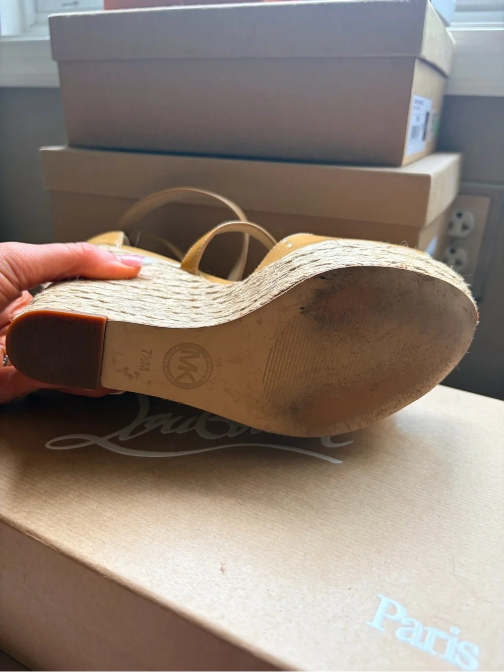 Michael Kors Patent Leather Espadrille Wedge Sandals in Mustard Tan.